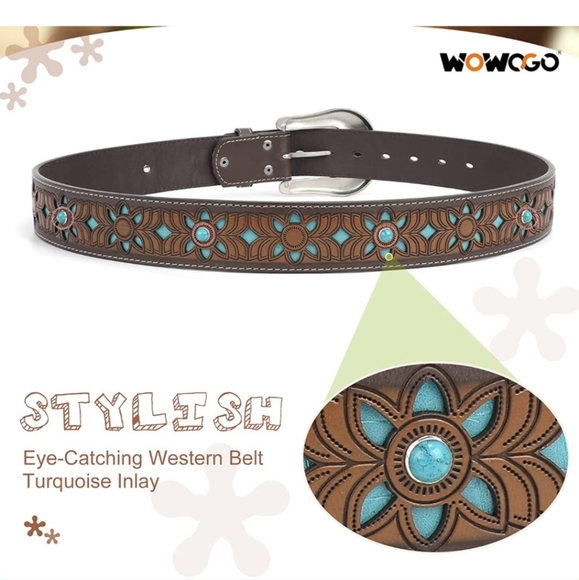New Western Brown & Turquoise Leather  Floral Engraved Belt In Various Size - Picture 3 of 5